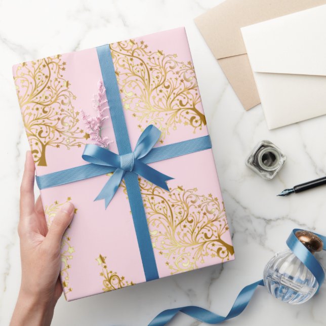 Papel De Presente Padrão de Árvore de Natal Elegante Dourada e rosa (Presentear)