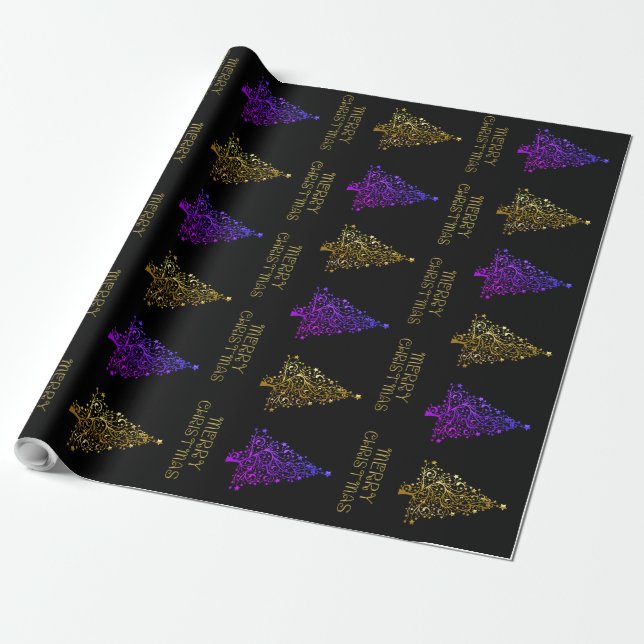 Papel De Presente Padrão de Árvore de Natal Elegante Dourada e Roxa  (Desenrolado)