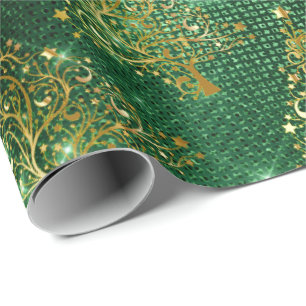 Papel De Presente Padrão de Árvore de Natal Elegante e Dourada bri