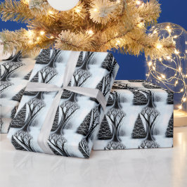 Papel De Presente Padrão de Árvore de Natal Elegante Preto e Branco