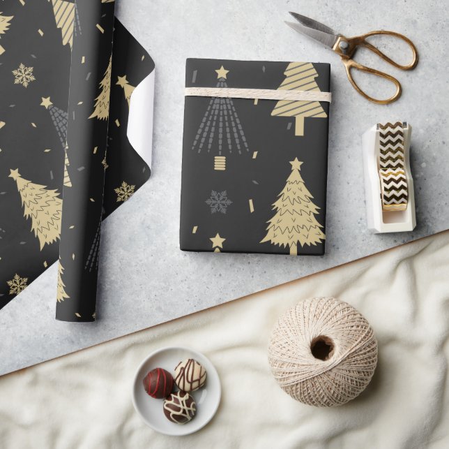 Papel De Presente Padrão de Árvore de Natal Elegante Preto e Dourado (Artesanato)