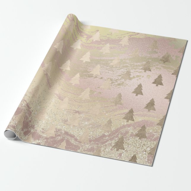 Papel De Presente Padrão de árvore de Natal Elegante rosa dourado (Desenrolado)