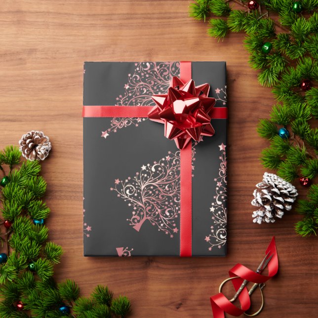 Papel De Presente Padrão de árvore de Natal Elegante rosa dourado (Presente de Natal)