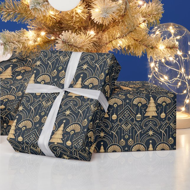 Papel De Presente Padrão de árvore de Natal em azul marinho Art Déco (Feriados)