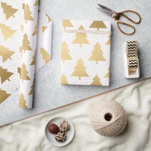 Papel De Presente Padrão de árvore de Natal em folha de ouro e branc