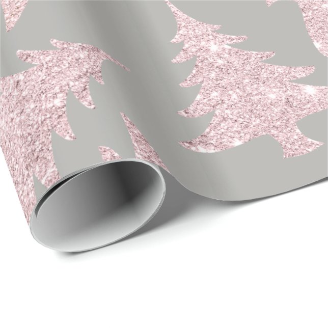 Papel De Presente Padrão de Árvore de Natal Glitter Dourado com Rosa (Ponta do rolo)