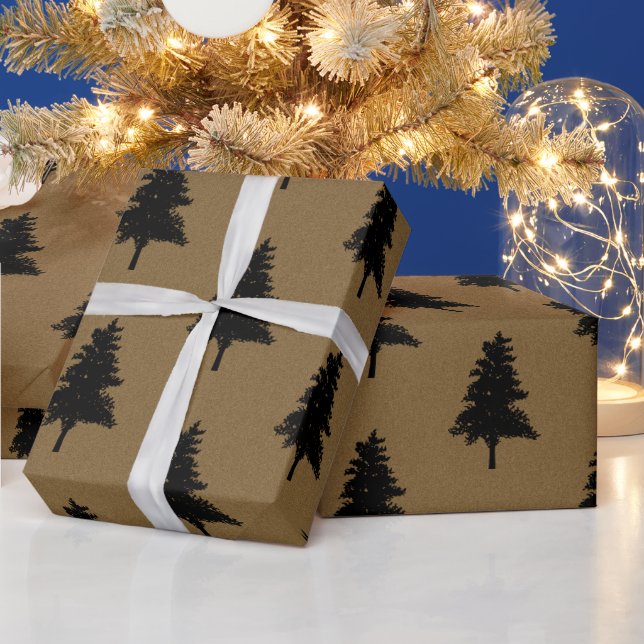Papel De Presente Padrão de árvore de Natal marrom preto Rustic Kraf (Feriados)