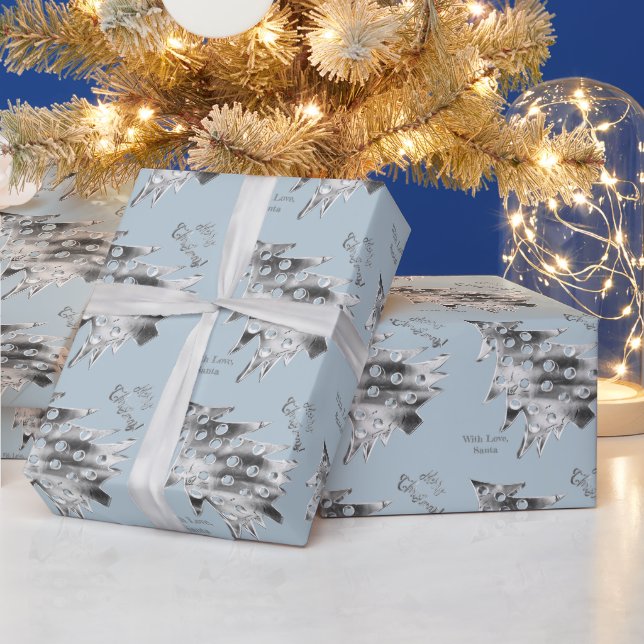 Papel De Presente Padrão de Árvore de Natal Moderno - Azul de Pastel (Feriados)