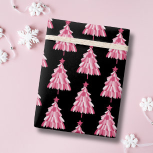 Papel De Presente Padrão de Árvore de Natal Preta Rosa Moderno