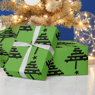 Papel De Presente Padrão de Árvore de Natal Preta Verde