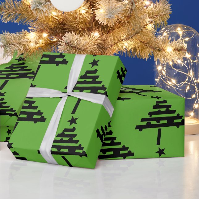 Papel De Presente Padrão de Árvore de Natal Preta Verde (Feriados)