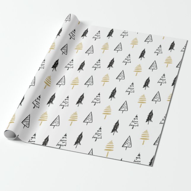 Papel De Presente Padrão de Árvore de Natal Preto e Dourado moderno (Desenrolado)