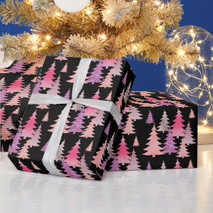 Papel De Presente Padrão de árvore de Natal preto rosa brilhante