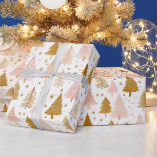 Papel De Presente Padrão de Árvore de Natal rosa e Dourado moderno