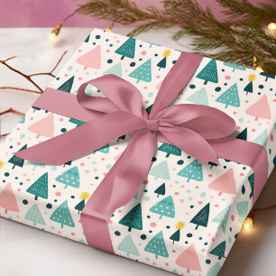 Papel De Presente Padrão de Árvore de Natal rosa e verde
