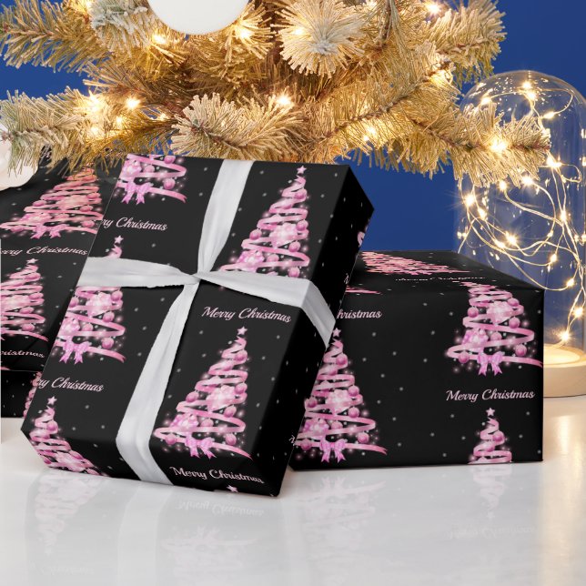 Papel De Presente Padrão de Árvore de Natal Rosa Elegante preto (Feriados)