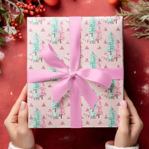 Papel De Presente Padrão de árvore de Natal rosa Férias em azul turq