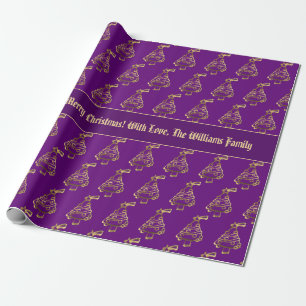 Papel De Presente Padrão de Árvore de Natal Roxo Dourado Faux Adic