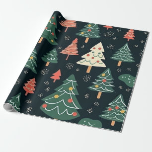 Papel De Presente Padrão de árvore de Natal verde e coral festivo