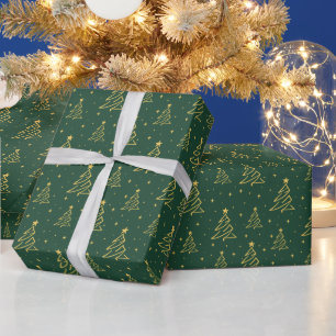 Papel De Presente Padrão de árvore de Natal verde elegante dourado