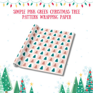 Papel De Presente Padrão de Árvore de Natal Verde Rosa Simples