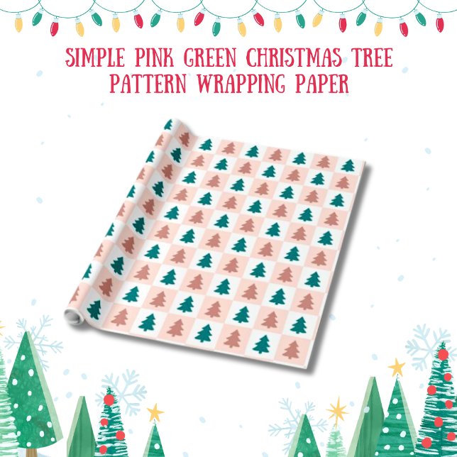 Papel De Presente Padrão de Árvore de Natal Verde Rosa Simples (Simple Pink Green Christmas Tree Pattern Gift Wrap)