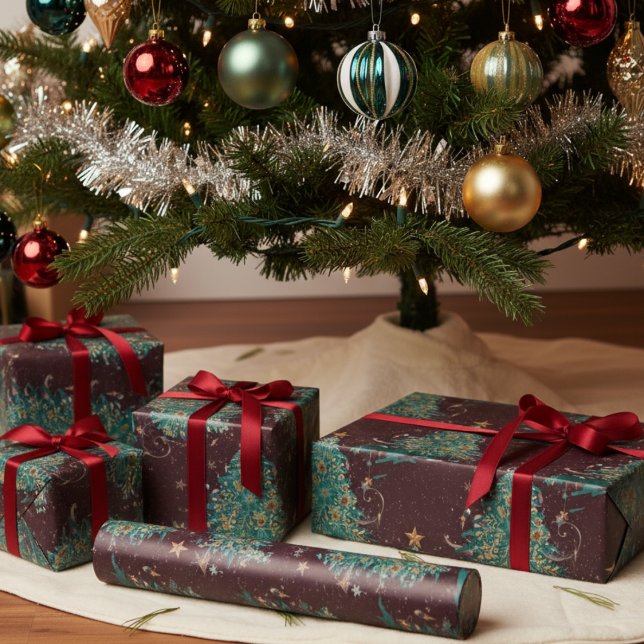 Papel De Presente Padrão de Árvore de Natal Vitoriana Vermelha (Criador carregado)