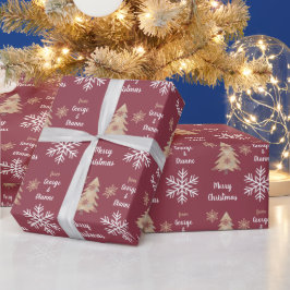 Papel De Presente Padrão de Árvore Feriada de Neve em Maroon