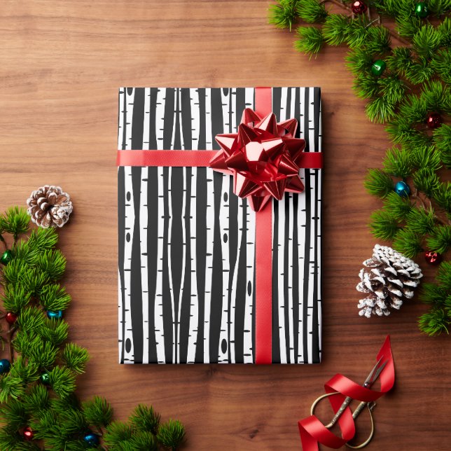 Papel De Presente Padrão de árvore preto e branco fofo (Presente de Natal)