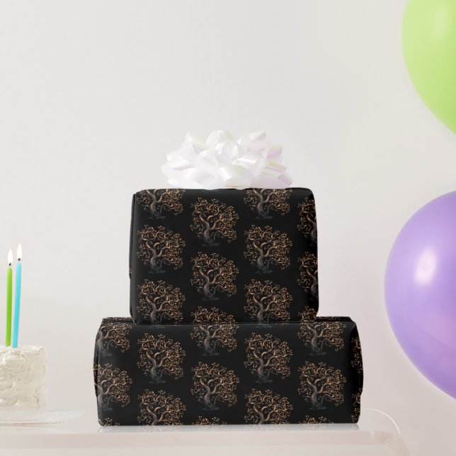 Papel De Presente Padrão de árvore preto e dourado para o Halloween (Presentes para festas)