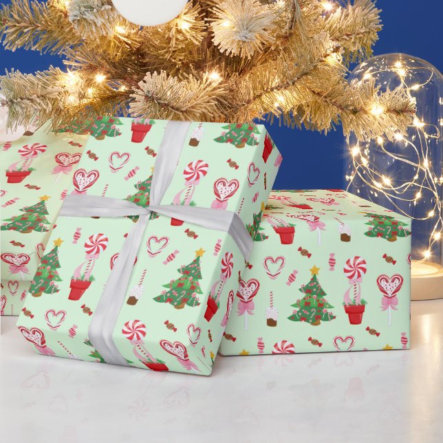 Papel De Presente Padrão de Árvores de Natal com Doces (Feriados)