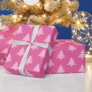 Papel De Presente Padrão de Árvores de Natal de Pastel Rosa