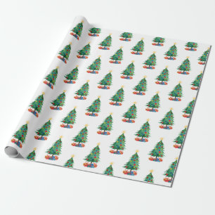 Papel De Presente Padrão de Árvores de Natal e Presentes em Estilo A