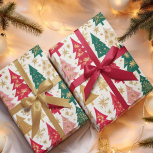 Papel De Presente Padrão de Árvores de Natal Elegantes Vermelhas e D