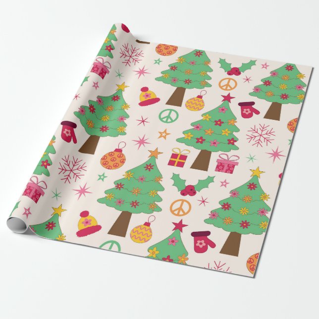 Papel De Presente Padrão de Árvores de Natal Groovy dos Anos 70 Retr (Desenrolado)