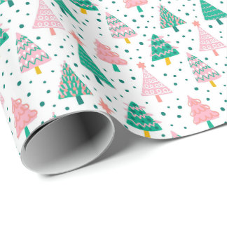 Papel De Presente Padrão de Árvores de Natal Rosa e Verde Fofo