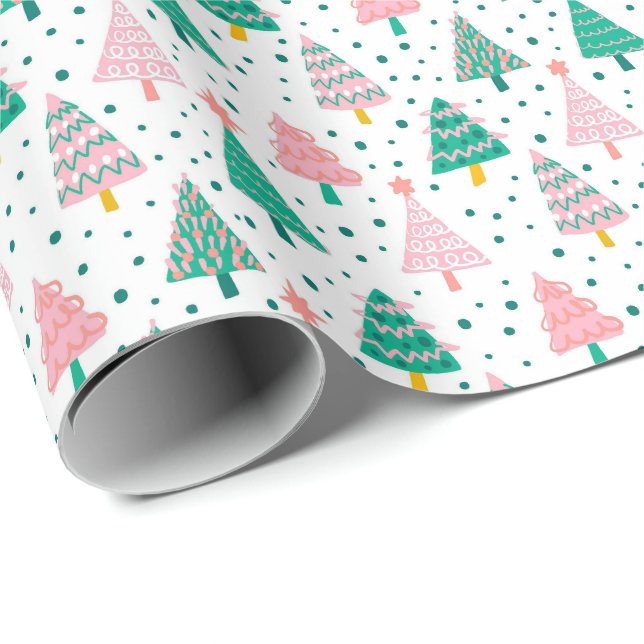 Papel De Presente Padrão de Árvores de Natal Rosa e Verde Fofo (Ponta do rolo)