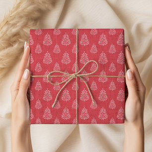 Papel De Presente Padrão de Árvores de Natal Vermelhas Rústicas Vint