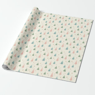 Papel De Presente Padrão de Árvores de Pinheiro e Estrelas em Pastel
