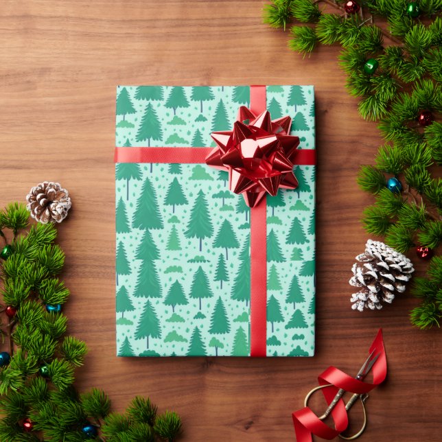 Papel De Presente Padrão de Árvores Verdes de Cores Aquáticas (Presente de Natal)