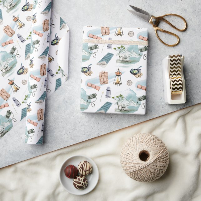 Papel De Presente Padrão de Aventura de Camping na Floresta com Camp (Artesanato)