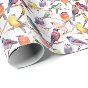 Papel De Presente Padrão de Aves Vintage com Aquarela