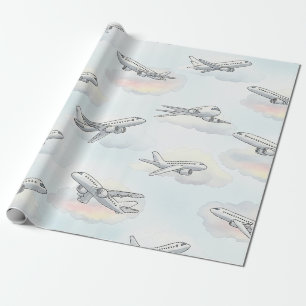 Papel De Presente Padrão de Avião Sonhador no Céu (1)