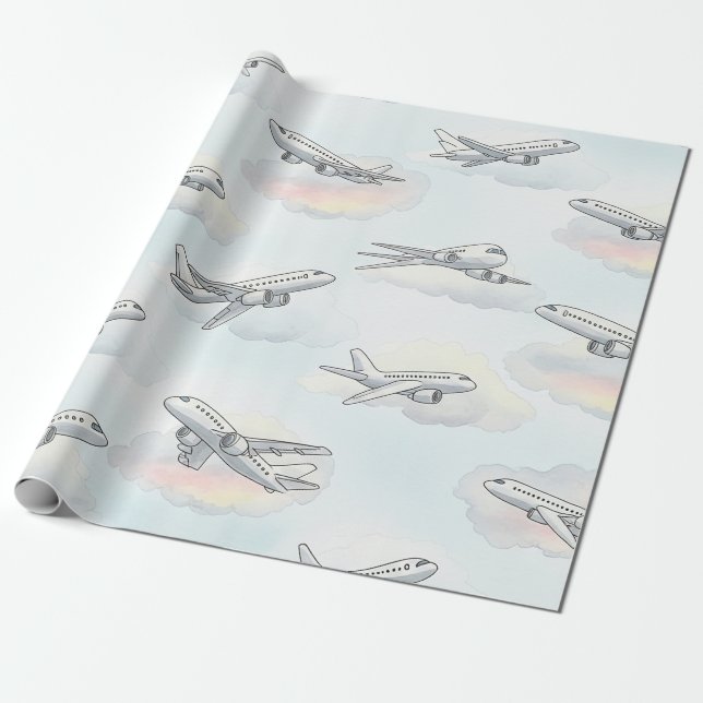 Papel De Presente Padrão de Avião Sonhador no Céu (1) (Desenrolado)