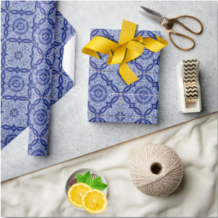 Papel De Presente Padrão de Azulejo cerâmico mediterrânico azul e br
