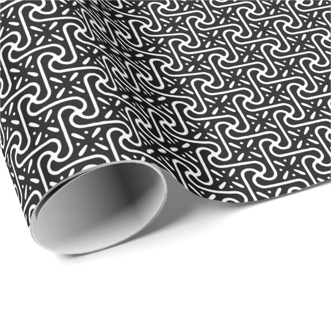 Papel De Presente padrão de azulejo egípcio, preto e branco (Ponta do rolo)