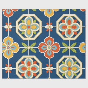 Papel De Presente Padrão de Azulejo Floral Retro Azul Naval Laranja