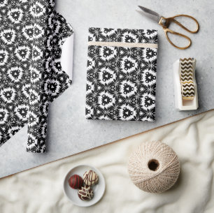 Papel De Presente Padrão de Azulejo Geométrico Floral Preto e Branco