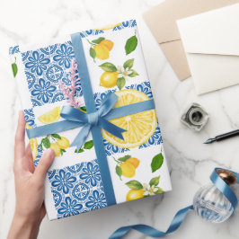 Papel De Presente Padrão de Azulejo País Francês Mediterrâneo Limão
