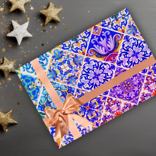 Papel De Presente Padrão de Azulejos Azuis Roxos Sicilianos Mediterr